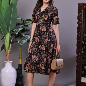 Women's Chic Black & Rust Floral Print Button-Front Midi Dress